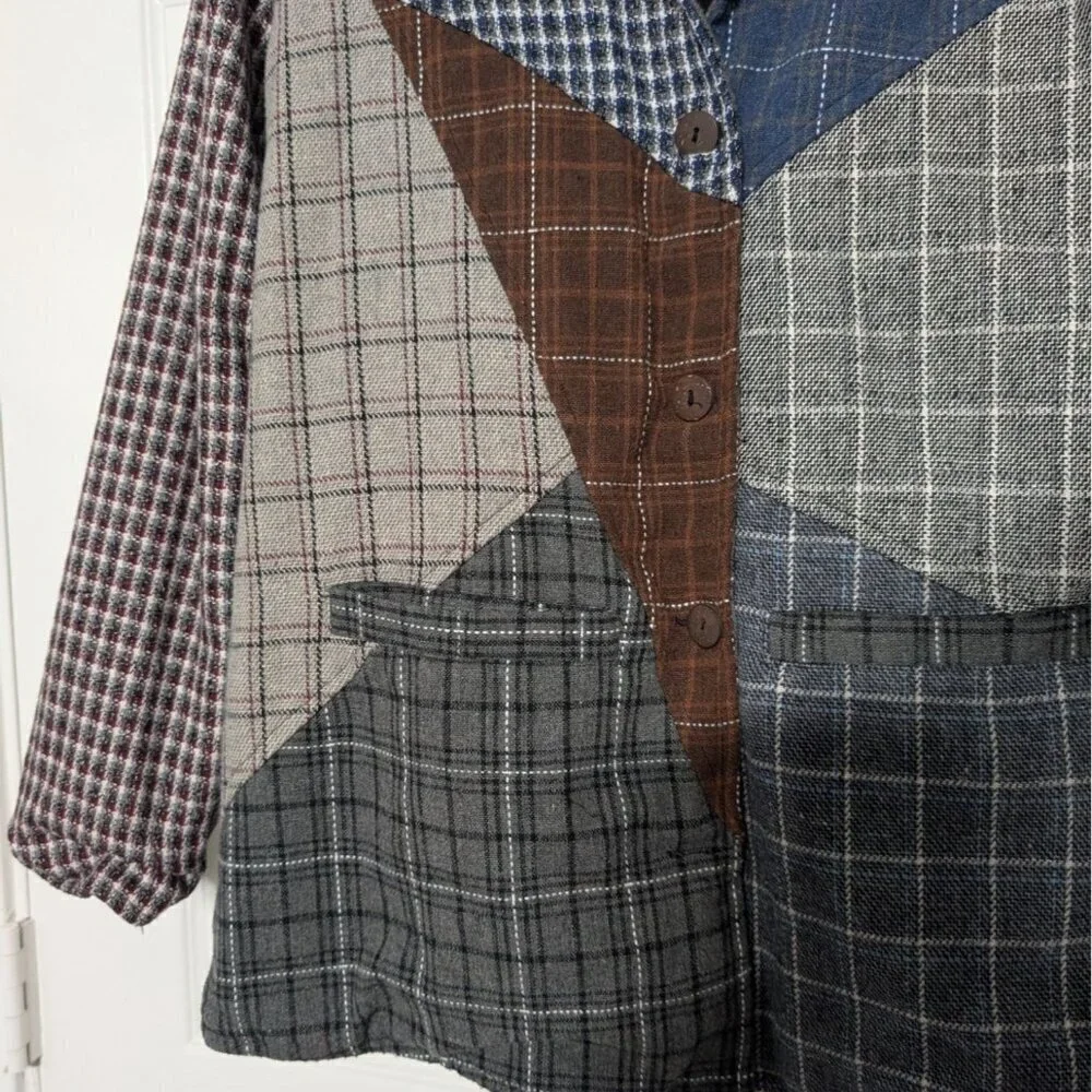 Sacred Threads Patchwork Plaid Jacket Womens Size Small/Medium Gray Fleece Lined